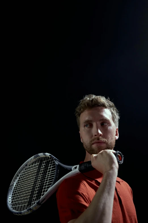 a man holding a tennis racquet on top of a tennis court, a portrait, pexels contest winner, red on black, dustin lefevre, square, looking across the shoulder