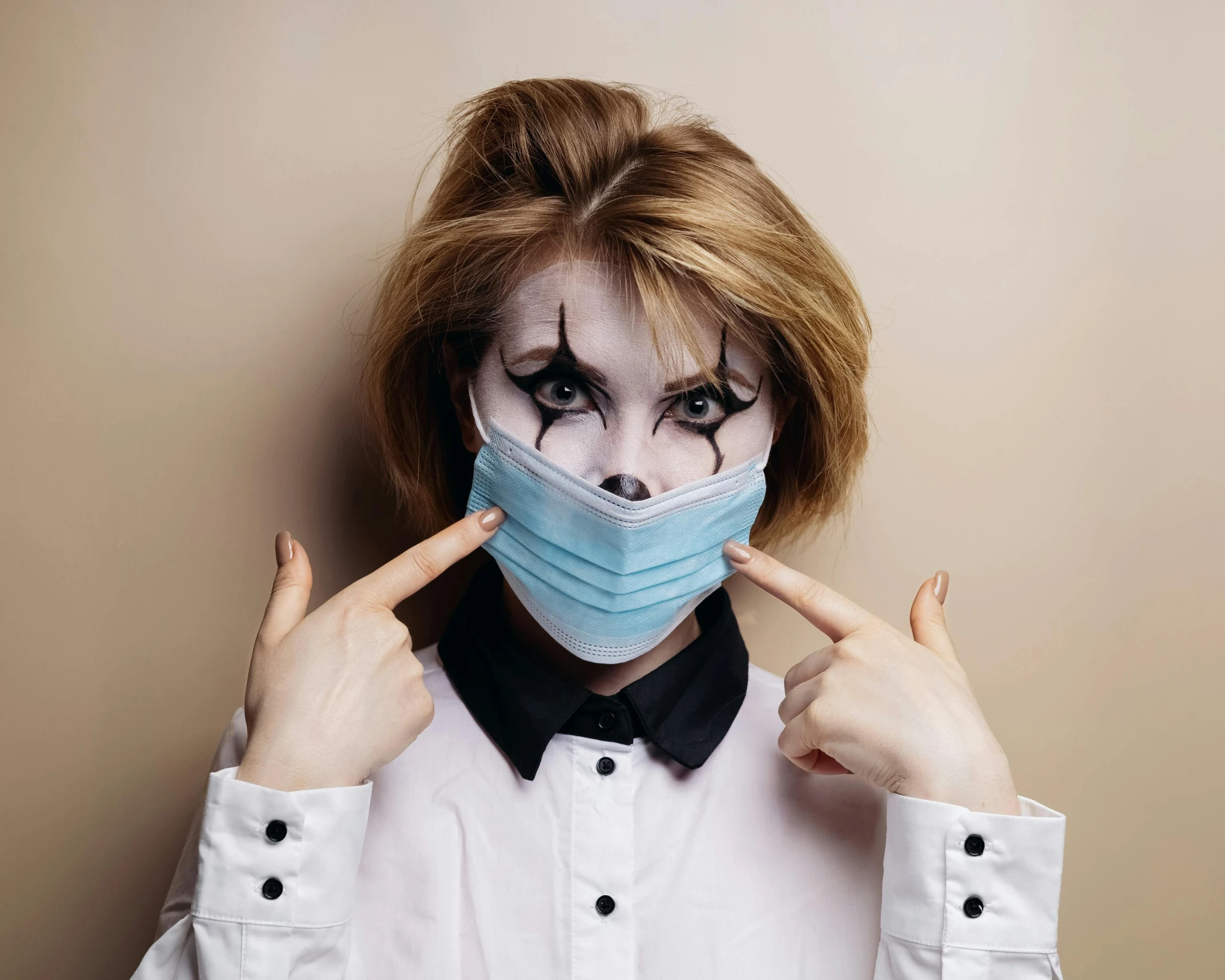 a close up of a person wearing a face mask, inspired by Pietro Longhi, trending on pexels, pop surrealism, clown girl, scary pose, emma watson with anxious, surgeon