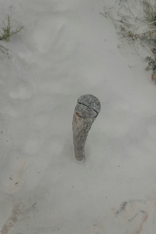 a rock sticking out of the sand on a beach, inspired by Andy Goldsworthy, cannon snow covered trees, holding a baseball bat!!, wooden statue, looking down from above