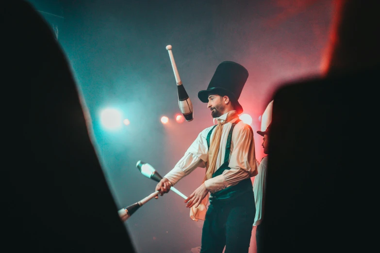 a man in a top hat holding a baseball bat, pexels contest winner, figuration libre, circus performance, avatar image, unblur, ned kelly