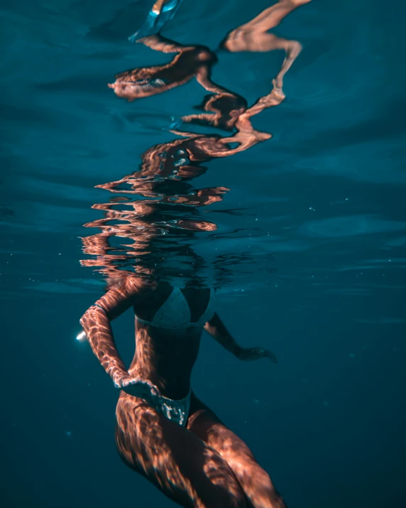 a woman swimming in the ocean with a surfboard, by Sebastian Spreng, pexels contest winner, under water visual distortion, monokini, gif, fishing