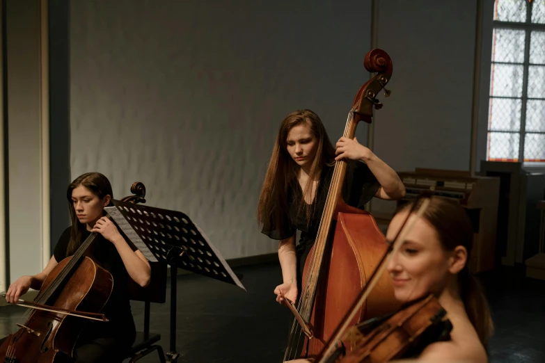 a group of women playing musical instruments in a room, double bass, photograph taken in 2 0 2 0, low-light, recital