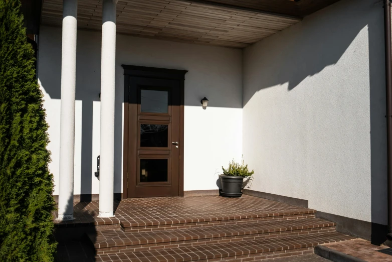 a front porch with a potted plant on the steps, inspired by Jan Müller, unsplash, bauhaus, realistic unreal engine 3 d game, brown, door, фото девушка курит