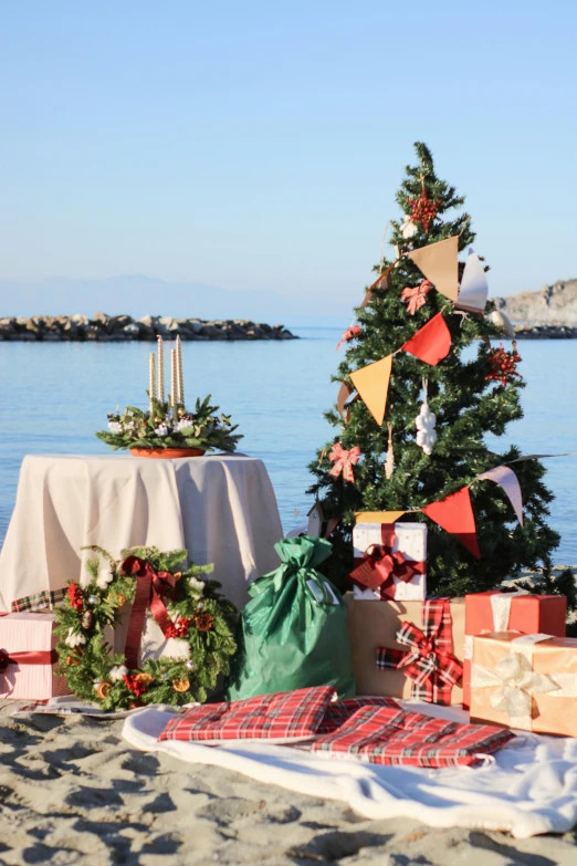 a christmas tree sitting on top of a sandy beach, various items, on the ocean, props containing trees, linen