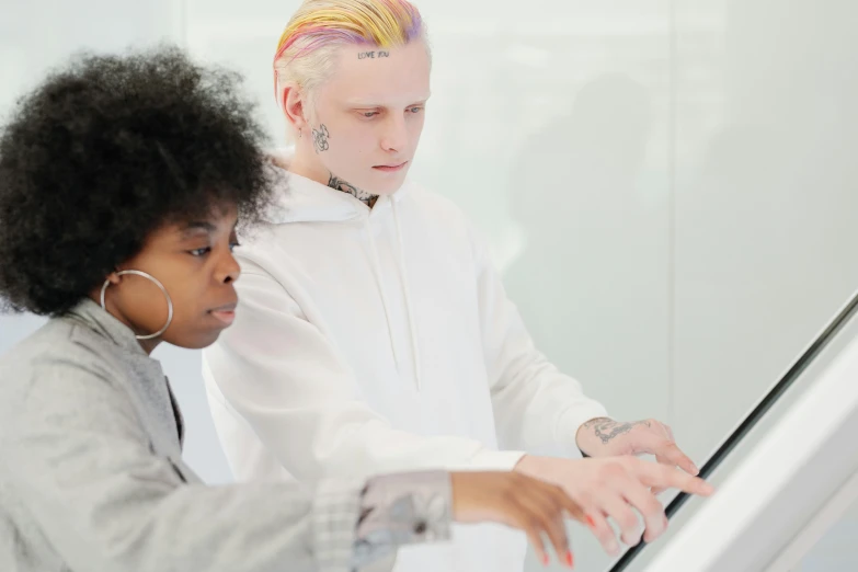 a man and a woman using a laptop computer, an album cover, trending on pexels, computer art, albino skin, synthesizers, mkbhd, in a open-space working space