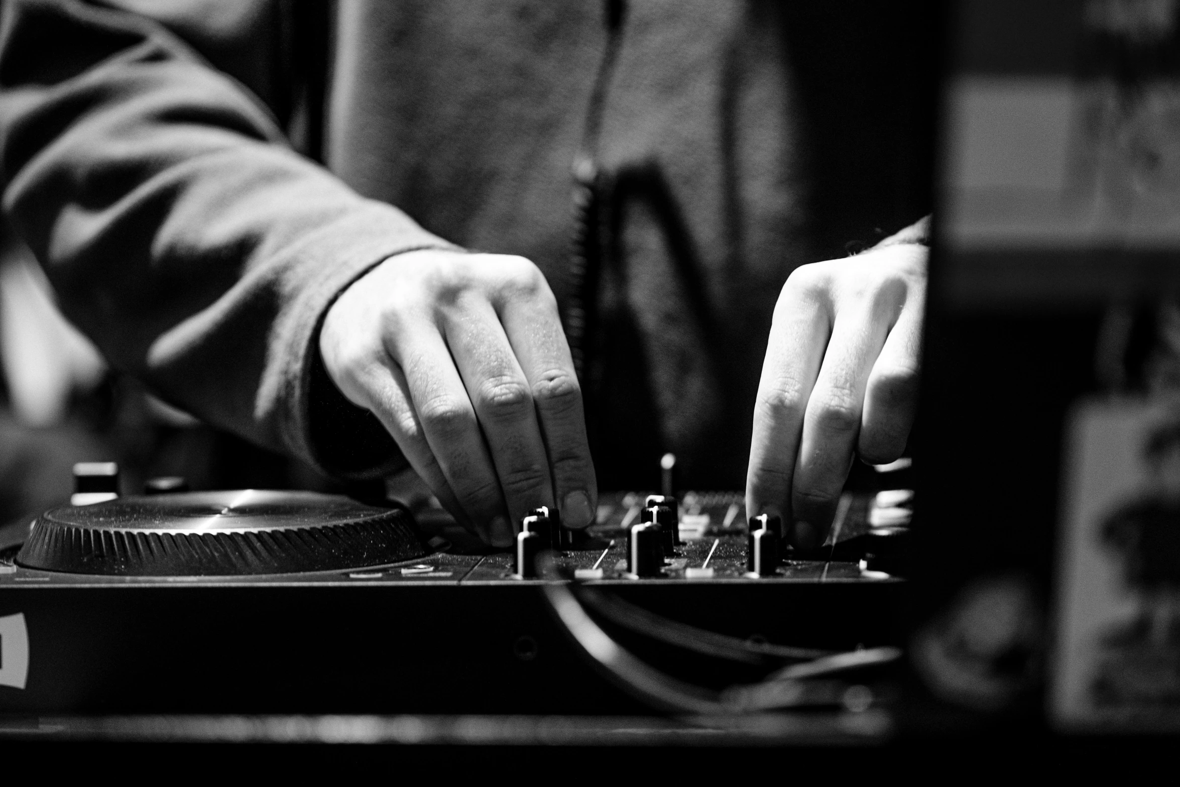 a person that is playing some kind of music, by Matthias Stom, pexels, process art, turntablism dj scratching, monochrome, detailed information, gaming