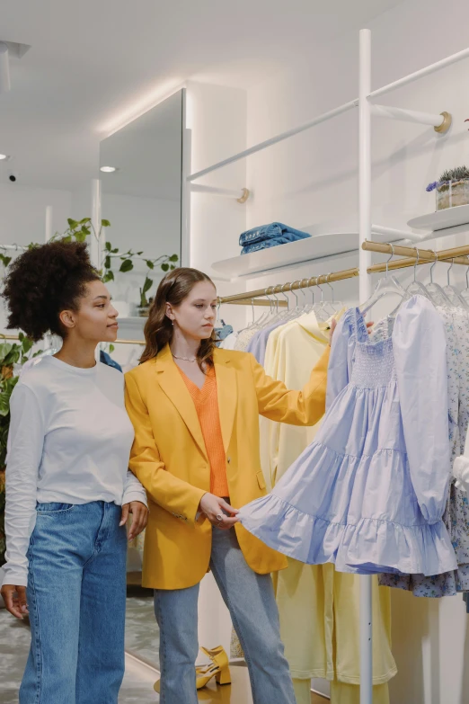 two women looking at clothes in a clothing store, trending on pexels, renaissance, blue and yellow color theme, calmly conversing 8k, wearing white clothes, thumbnail