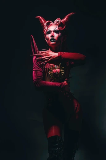 a woman in a devil costume posing for a picture, an album cover, by Byron Galvez, unsplash, transgressive art, drag, dark ballerina, profile pic, cgsociety inspired