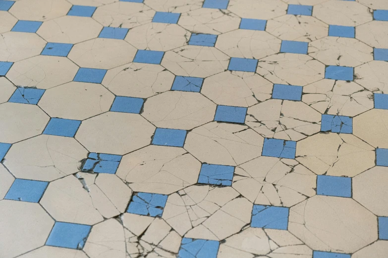 a blue and white tiled floor in a bathroom, by Lubin Baugin, unsplash, cracked and faded photo paper, 3 d close - up, square, brown