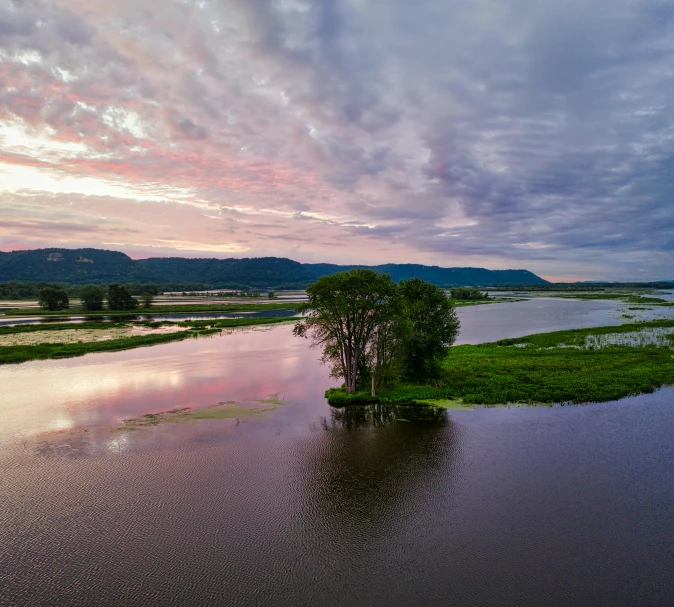 a large body of water next to a lush green field, pexels contest winner, hudson river school, pink sunset, subsiding floodwaters, minn, an island