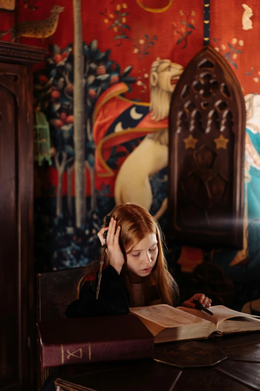 a woman sitting at a table reading a book, by Julia Pishtar, pexels contest winner, art nouveau, in a monestry natural lighting, children's, in the magic room, mackenzie foy