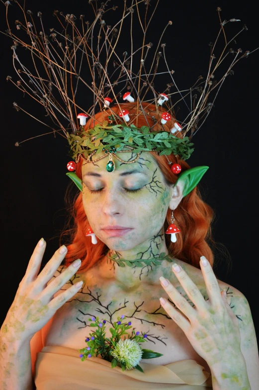 a woman with a flower crown on her head, inspired by Wendy Froud, body paint, branches and ivy, as a dnd character, skin made of led point lights