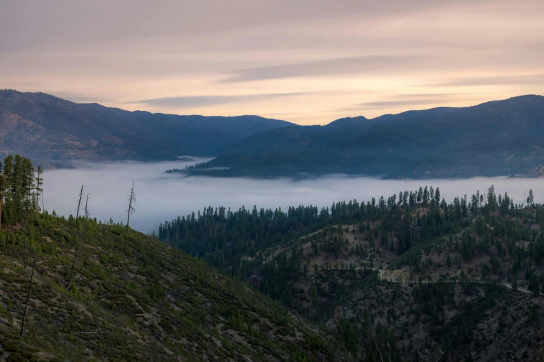 a view of the mountains from the top of a hill, by Arnie Swekel, unsplash contest winner, renaissance, smokey water scenery, california;, predawn, grey
