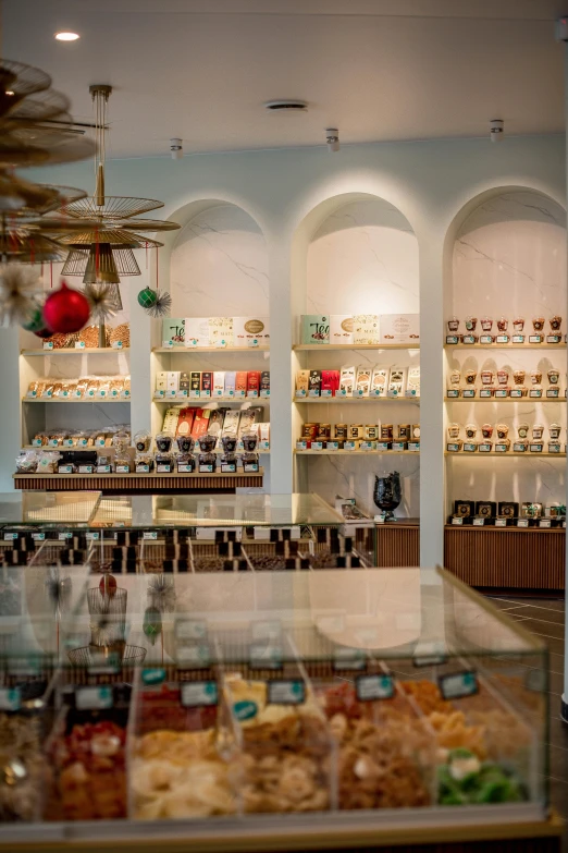 a store filled with lots of different types of food, a digital rendering, pexels, art nouveau, chocolate, panorama shot, minimalist, holiday