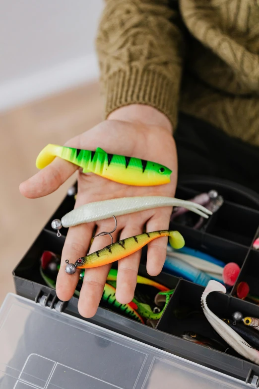 a person holding several different types of fishing lures, by Matthias Stom, happening, closeup of arms, kids, organized, zippers