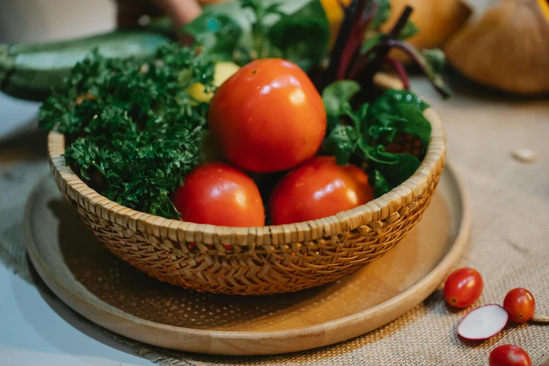 a close up of a bowl of vegetables on a table, pexels contest winner, forest gump tomato body, fruits in a basket, avatar image, background image