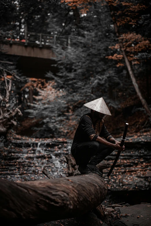 a person sitting on a log in the woods, inspired by Kanō Hōgai, pexels contest winner, realism, ninja outfit, pointy conical hat, dark aesthetic, fishing