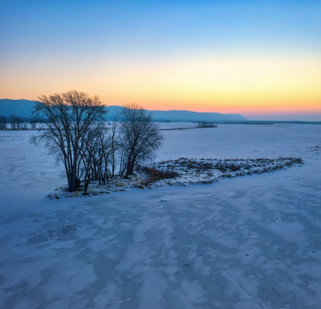 a lone tree sitting in the middle of a snow covered field, pexels contest winner, land art, blue sunset, wide river and lake, ai weiwei and gregory crewdson, wide high angle view