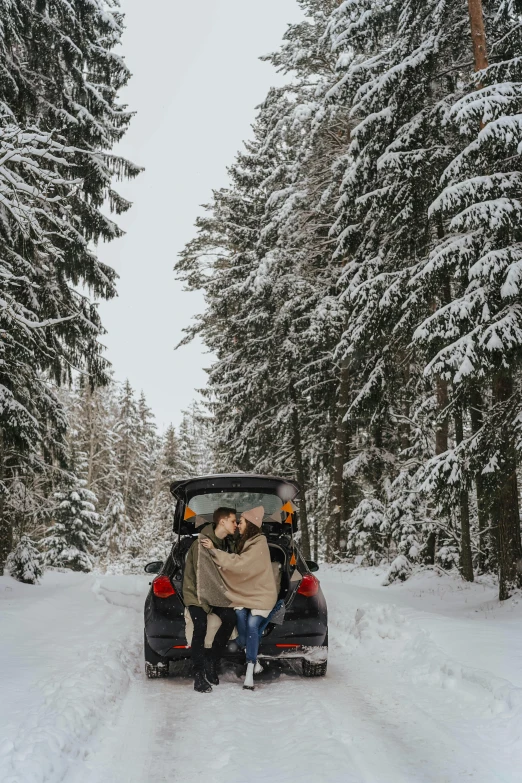 a couple sitting in the back of a car on a snowy road, majestic forest grove, profile image