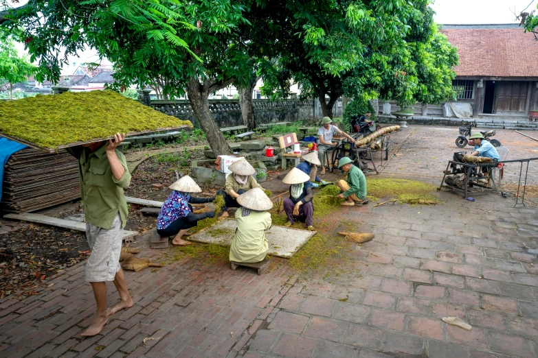 a group of people that are standing in the grass, a picture, inspired by Ruth Jên, pexels contest winner, cobblestone streets, working, turf roof, avatar image