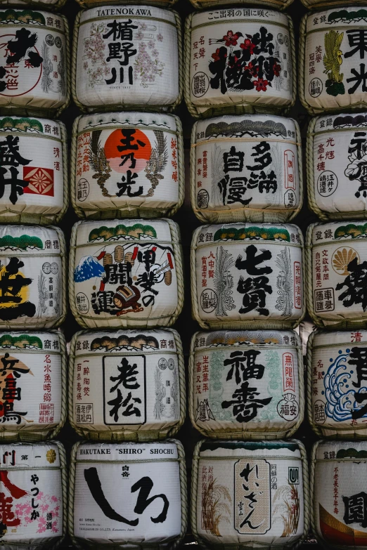 a bunch of jars with asian writing on them, unsplash, ukiyo-e, square, barrels, extremely detailed photo, top