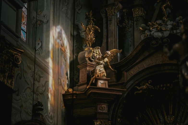 a statue of an angel in a church, inspired by Ludwig Knaus, pexels contest winner, baroque, heather theurer, refracted light, displayed on an altar, slav epic