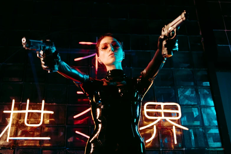 a woman in a latex outfit holding a gun, inspired by Leng Mei, unsplash, neo-dada, cai xukun, movie filmstill, sci-fi night club, li bingbing