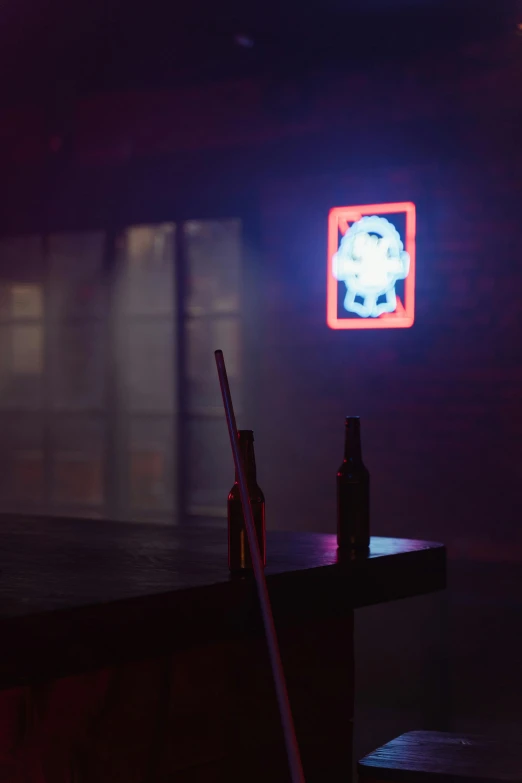 a bar with a neon sign in the background, a hologram, by Nick Fudge, unsplash, conceptual art, volumetric light fog, close up portrait shot, cinematic beer, beeple. hyperrealism