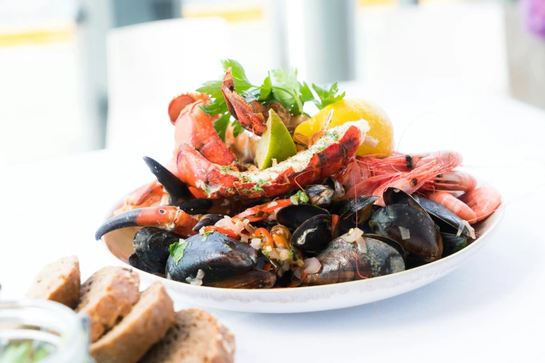 a close up of a plate of food on a table, crustacean, profile image, picton blue, exterior shot