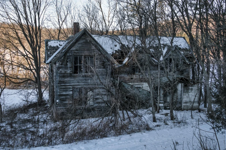 an old house in the woods covered in snow, an album cover, inspired by Gregory Crewdson, pexels contest winner, renaissance, decayed, gray, demolition, house on a hill