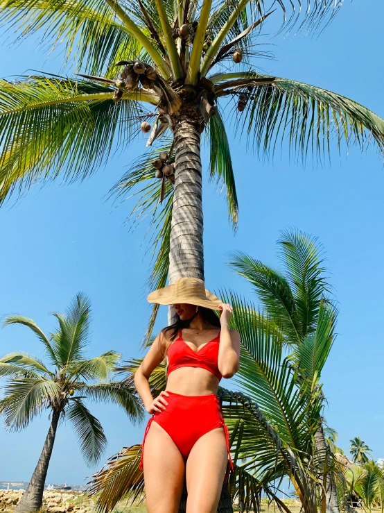 a woman in a red bikini standing next to a palm tree, by Robbie Trevino, instagram, avatar image, resort, red hat, outfit photo