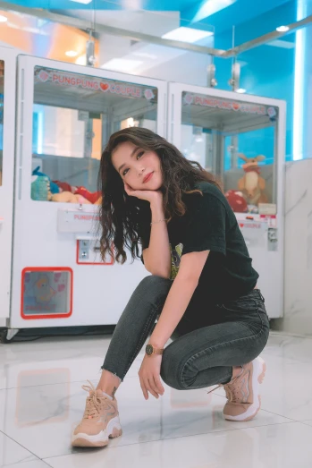 a woman squatting in front of a vending machine, inspired by Pia Fries, instagram, kuntilanak, casual pose, profile image, cute photo