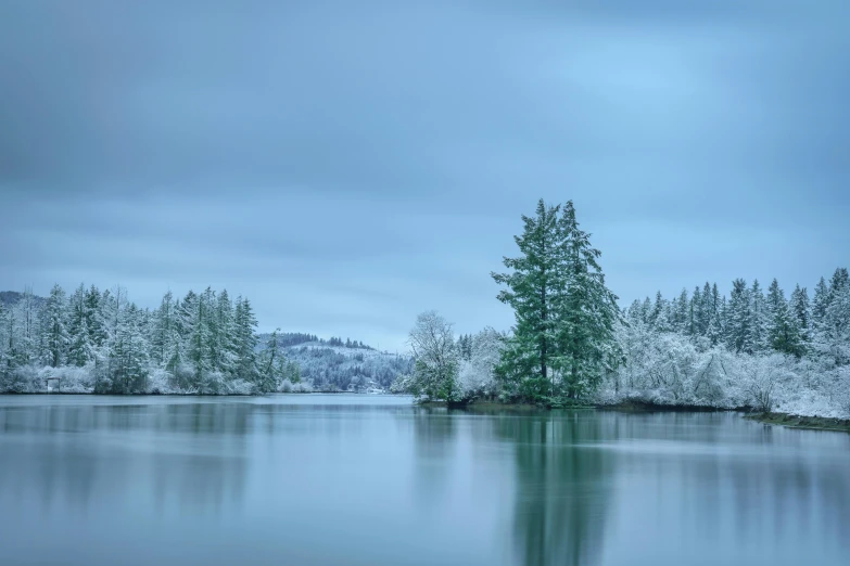 a body of water surrounded by trees covered in snow, by Jessie Algie, unsplash contest winner, overcast dusk, blue and green, slide show, washington state