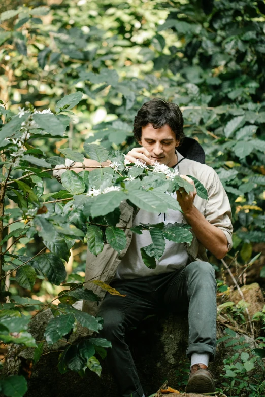 a man sitting on a rock in the woods, a portrait, inspired by José Malhoa, pexels contest winner, sumatraism, amongst coffee beans and flowers, 2 5 6 x 2 5 6 pixels, adrien brody, in jungle