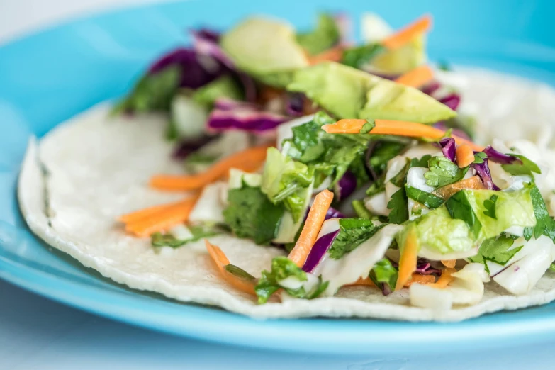 a close up of a plate of food on a table, blue and purple and green, taco, detailed product image, veggies