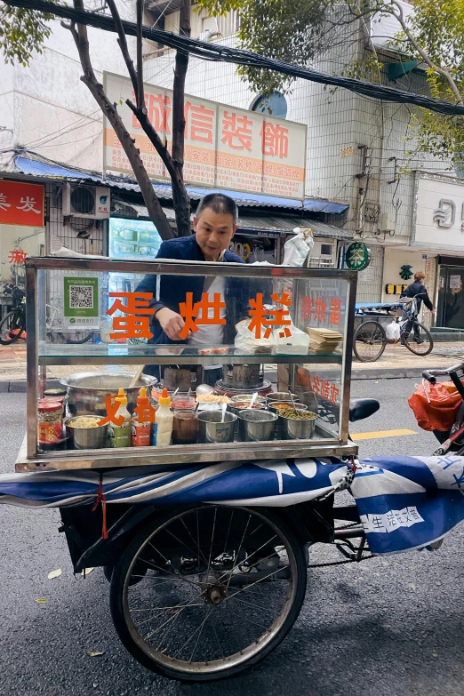 a person riding a motorcycle with a cart on the back of it, food stall, 王琛, like liangchao wei, transparent