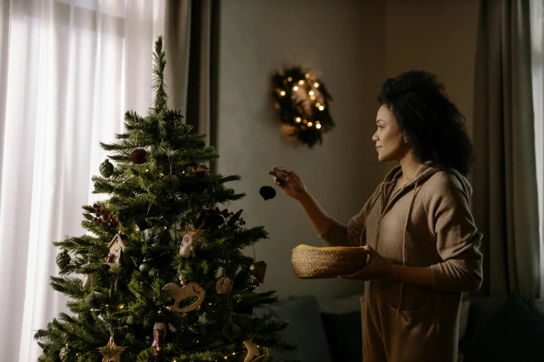 a woman decorating a christmas tree in a living room, a portrait, inspired by Ernest William Christmas, pexels contest winner, black, summer evening, profile image, brown