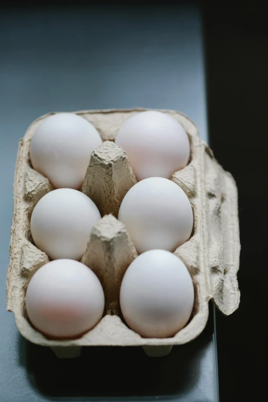 a carton of eggs sitting on top of a table, white muzzle and underside, 6 pack, a high angle shot, ..'