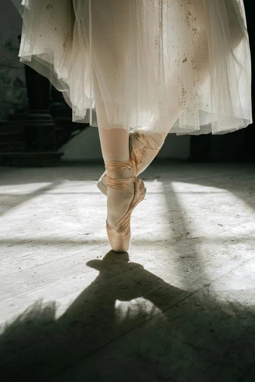 the legs of a ballerina in a white dress, by Elizabeth Polunin, pexels contest winner, arabesque, gold ethereal light, ( ( theatrical ) ), rectangle, morning sunlight