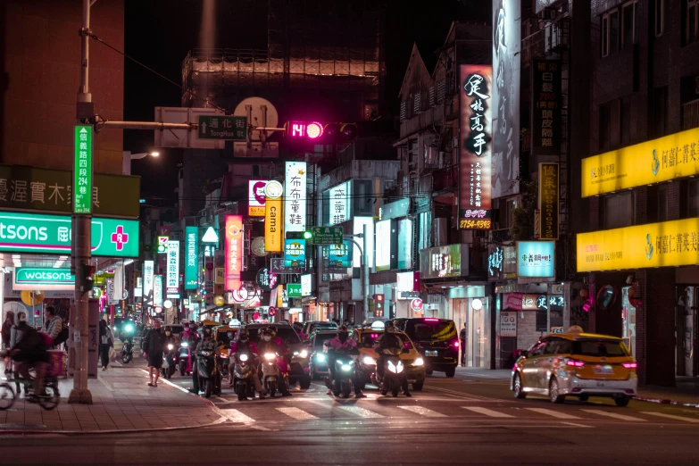 a group of motorcyclists driving down a city street at night, by Daniel Lieske, pexels contest winner, hyperrealism, japanese neon signs, square, taiwan, lots of signs and shops