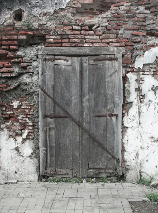 a red fire hydrant sitting in front of a brick wall, an album cover, by Jan Tengnagel, pexels contest winner, renaissance, wood door, ruins, iron arc gate door texture, romanian heritage