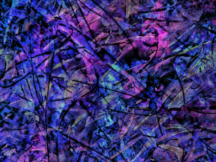 a purple and blue abstract painting, a digital rendering, inspired by Pollock, flickr, mysterious jungle painting, dark but detailed digital art, blue black pink, dry brush background colors