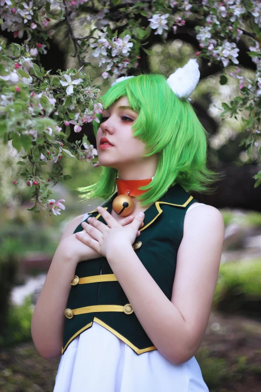 a woman with green hair standing under a tree, an album cover, inspired by Leiko Ikemura, trending on deviantart, cosplay photo, bunny, 2263539546], maya fey from ace attorney