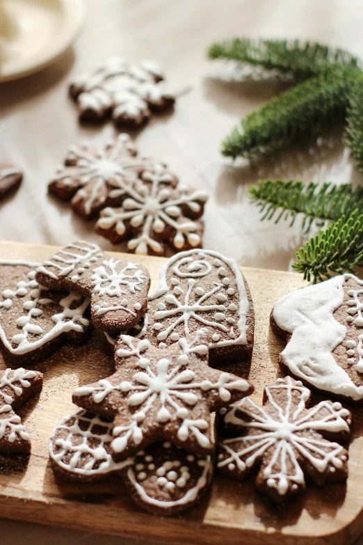 a wooden cutting board topped with cookies on top of a table, by Julia Pishtar, pexels, folk art, snowflakes, pine, ceramic, loosely detailed