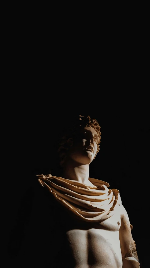 a statue of a man with a shaw around his neck, trending on pexels, neoclassicism, shot at dark with studio lights, yung lean, young handsome pale roma, clothed in ancient