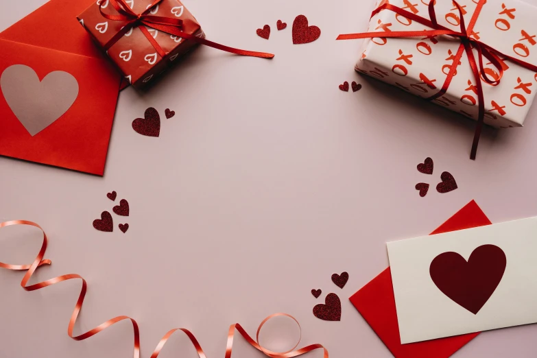 valentine's day greetings laid out on a table, trending on pexels, background image, birthday wrapped presents, listing image, felt