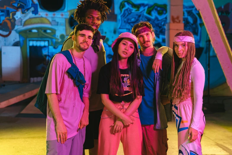 a group of young people standing next to each other, by Julia Pishtar, psychedelic hip hop, lit up, official store photo, sweet looks