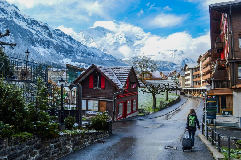 a person walking down a street with a suitcase, by Julia Pishtar, pexels contest winner, lauterbrunnen valley, image of ronald mcdonald, snow capped mountains, avatar image