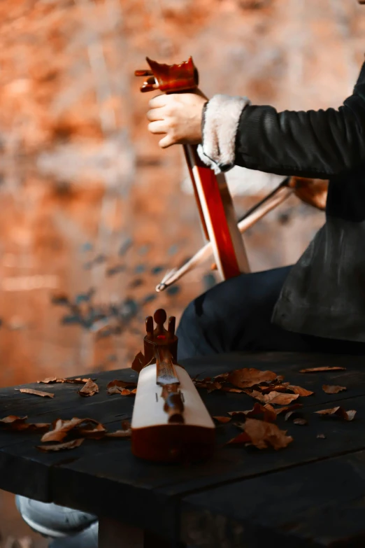 a woman sitting on a bench with a violin, an album cover, inspired by Fu Baoshi, pexels contest winner, blood red leaves, hand to hand combat with machete, detail shot, carving
