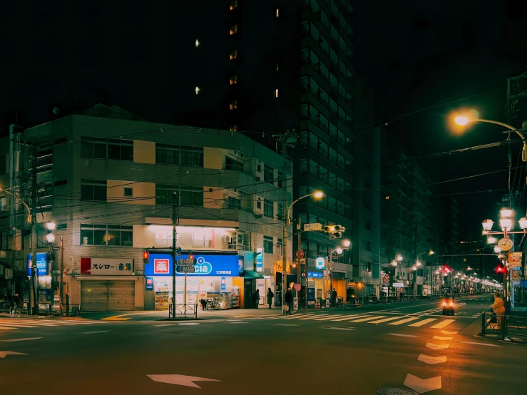 a city street filled with lots of traffic at night, an album cover, unsplash contest winner, shin hanga, convenience store, empty streetscapes, the neat and dense buildings, 90s photo